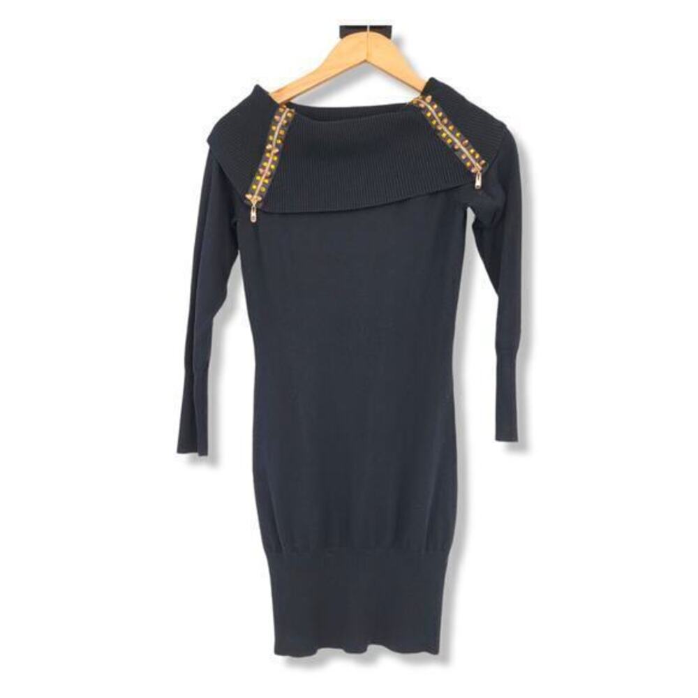 Venus Women's Off Shoulder Jewel Stud Zip Detail Sweater Dress Black Size Small‎